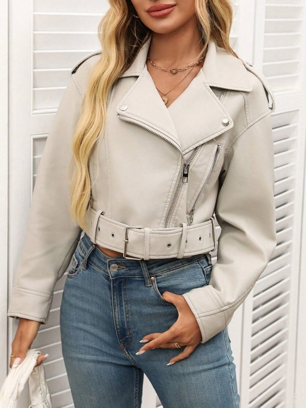 New Casual Women's Minimalist Zip-Up faux leather moto Short Jacket - Picture 6 of 8